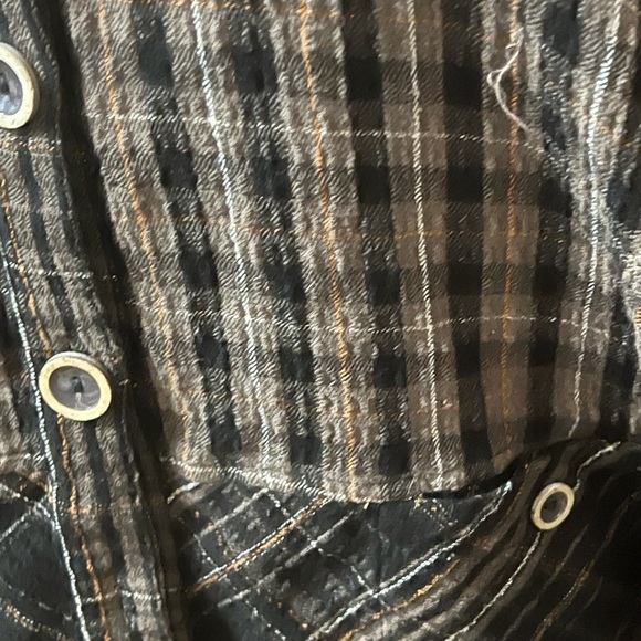 Habitat Women Autumn Plaid Mix Ruched Sleeve Jacket Sz S Brown Button Up P2P 22 - Picture 5 of 8